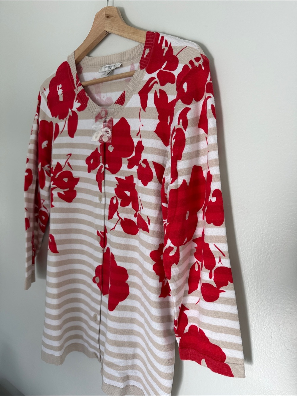 NWOT Liz Claiborne Red Floral Stripe Cardigan, M